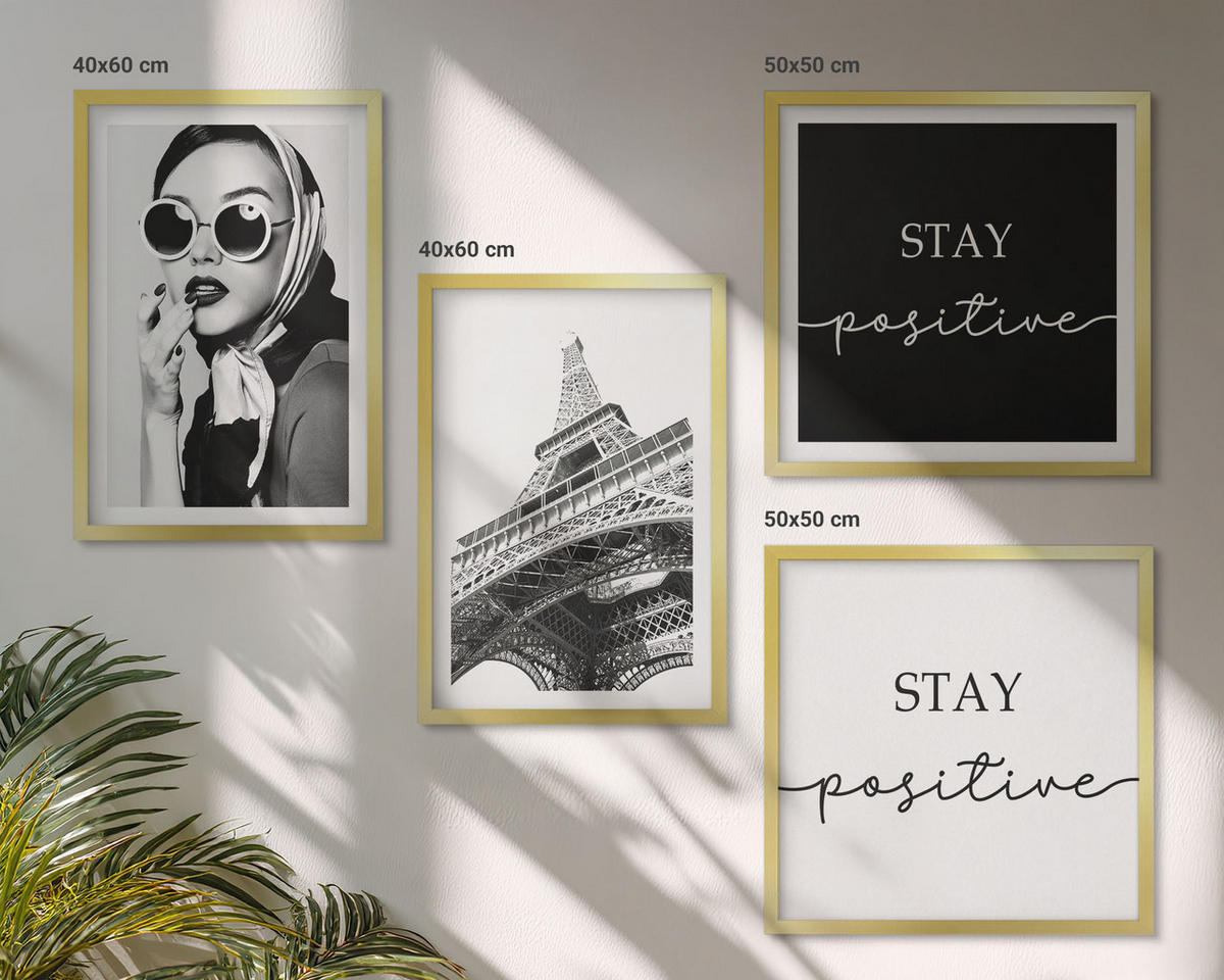 BILDER SET 4er Set - 50x50 cm & 40x60 cm Goldrahmen - Porträts, Eiffelturm-Slogans - Goldfarben, Kunststoff (50/50cm) - TULUP
