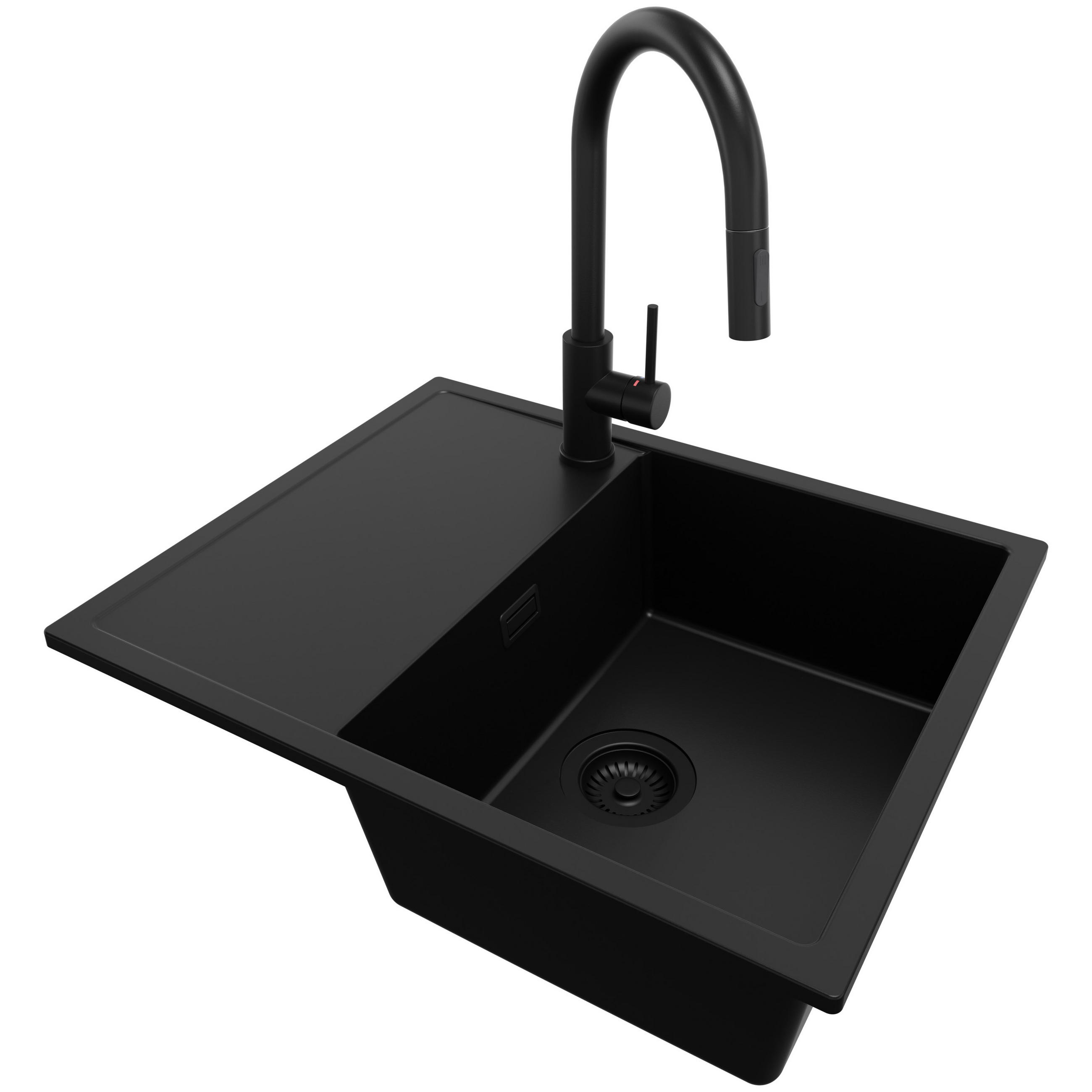 GRANITSPÜLE Ibiza, 2-er set Alles Schwarz 62/50 cm 1 Becken + Küchenarmatur 40/20 cm + Ablauf-Set ab 45er Unterschrank - Schwarz, Kunststoff (62/19/50cm) - Primagran