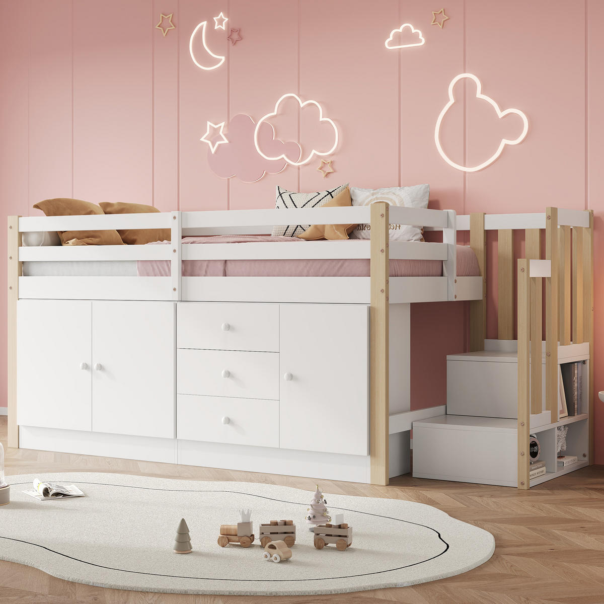 HOCHBETT 90/200 cm Weiß aus MDF mit Treppe und Stauraum - Weiß, Holzwerkstoff (90/200cm) - OKMYHOME
