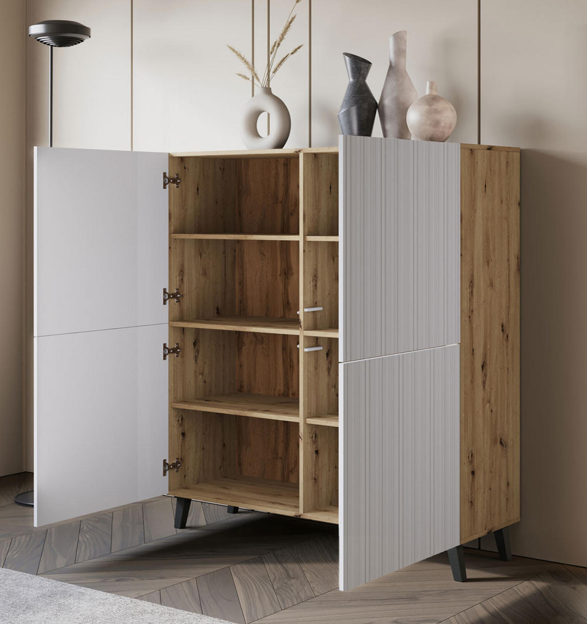 HIGHBOARD Phuket Eiche Artisan / Weiß gerillt 120 / 39 / 128 cm - Eichefarben/Schwarz, Holz/Holzwerkstoff (120/128/39cm) - Feldmann-Wohnen