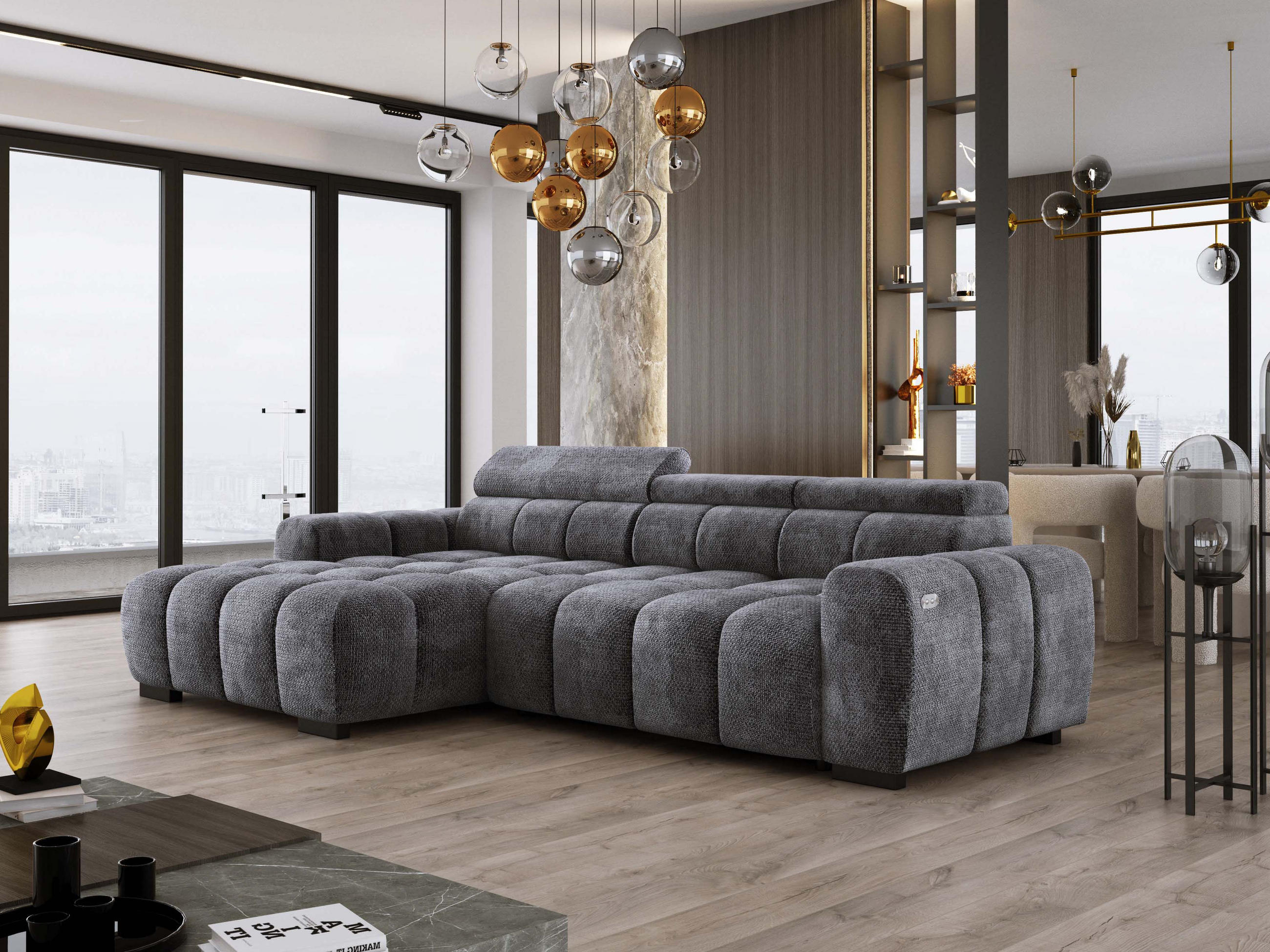 ECKSOFA OMBO 285x168x77/97 cm, Links, Schlaffunktion, elektr. Sitz, Kopfstützen, hydrophober EDEN-Stoff – Graphit - Anthrazit, Holz/Textil (168/285cm) - DomoHome