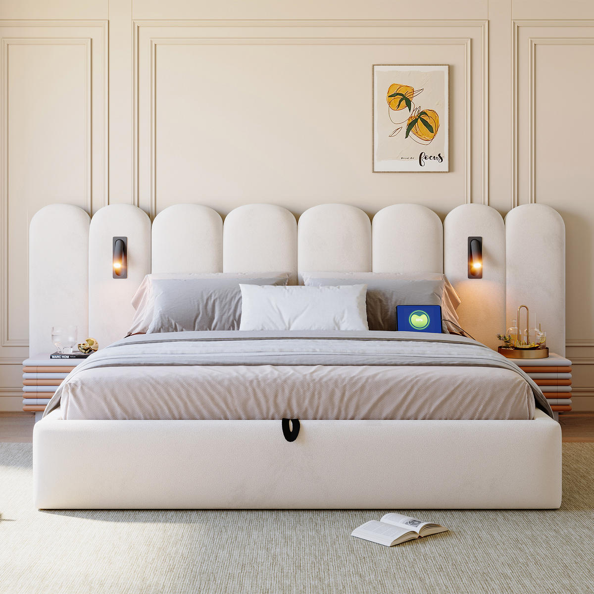 BOXBETT 180/200 mit Wolken Kopfteil, Bettkasten/Leselampe/USB, Samt, Beige - Beige, Holz/Textil (180/200cm) - LVHOM