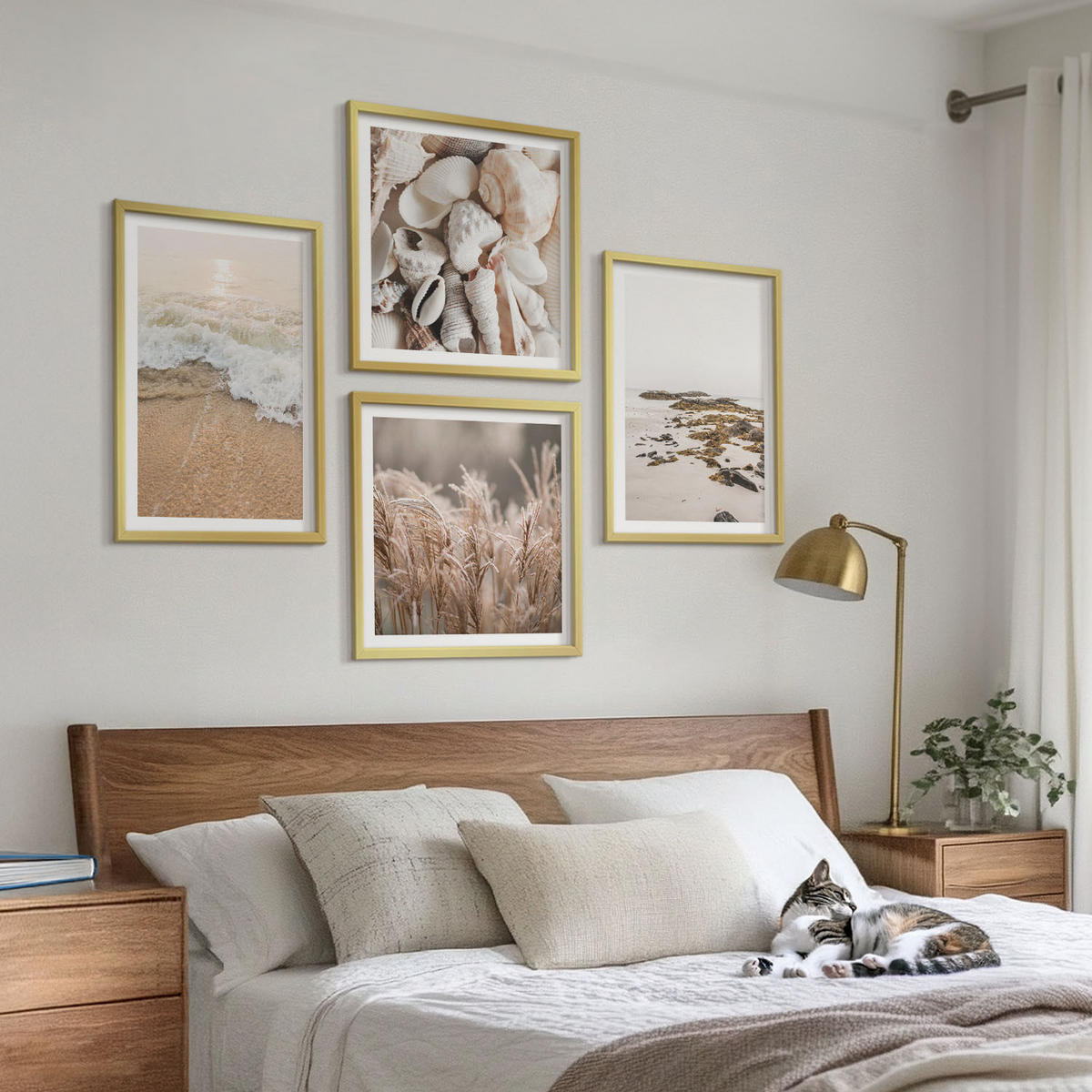 WANDBILDER 4er Set - 50x50 cm & 40x60 cm Goldrahmen - Strandgras, Wellen, Steine, Boho-Stil - Goldfarben, Kunststoff (50/50cm) - ArtPrintCave