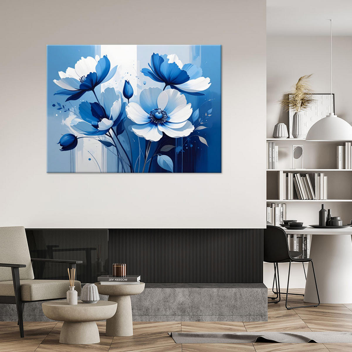 BILD auf Leinwand, Blaue Blumen auf hellem Hintergrund - Blau, Textil (60/40cm) - Feeby