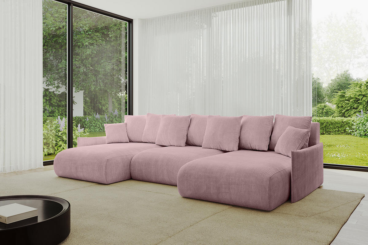WOHNLANDSCHAFT mit Schlaffunktion und Bettkasten ONESK-U-v1 304x165x40 Rosa Cord - Rosa, Holzwerkstoff/Kunststoff (304/90/165cm) - ALTDECOR