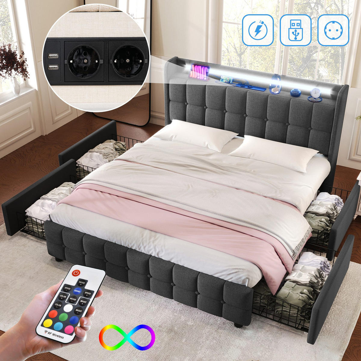 POLSTERBETT mit USB-Ladefunktion, Kopfteil und LED-Beleuchtung - Grau, Textil (180/200cm)