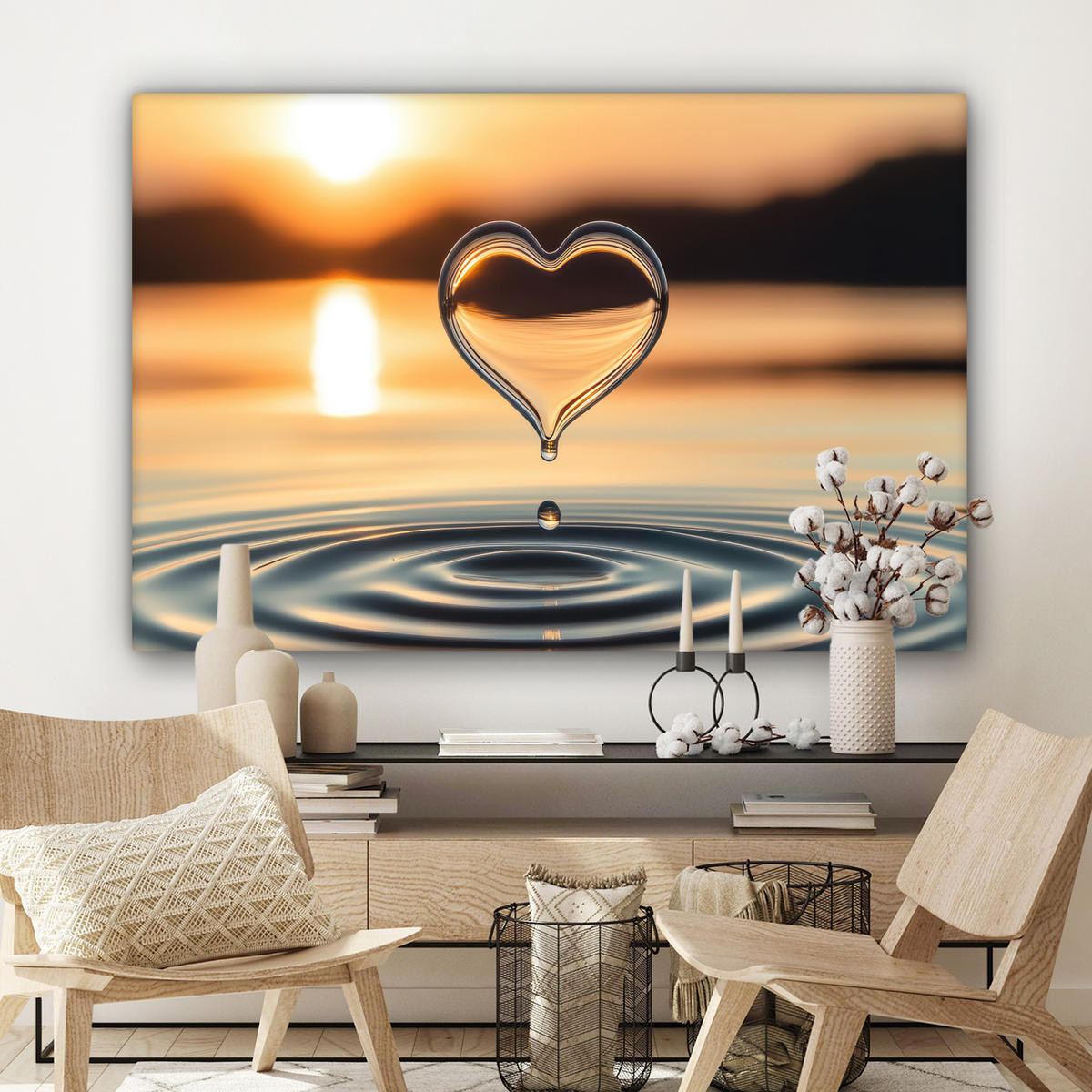 OBRAZ NA PLÁTNE Srdce - Voda - Západ slnka - Príroda - Zen 120x80 cm - jantárová, textil (120/80cm) - MuchoWow