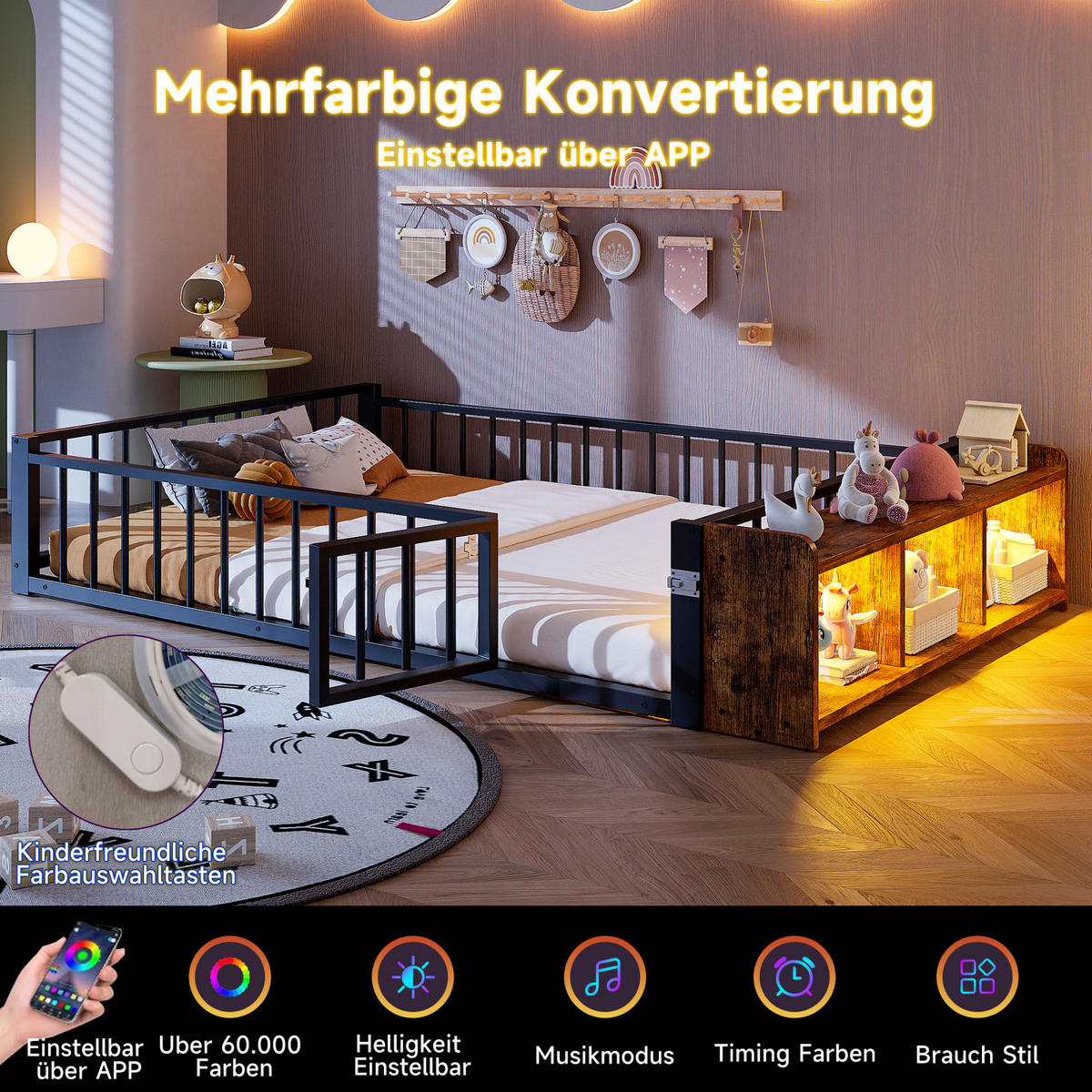 KINDERBETT 140/200 cm aus Metall in Schwarz mit LED-Beleuchtung und Stauraum - Schwarz, Holzwerkstoff (140/200cm) - Flora Grace