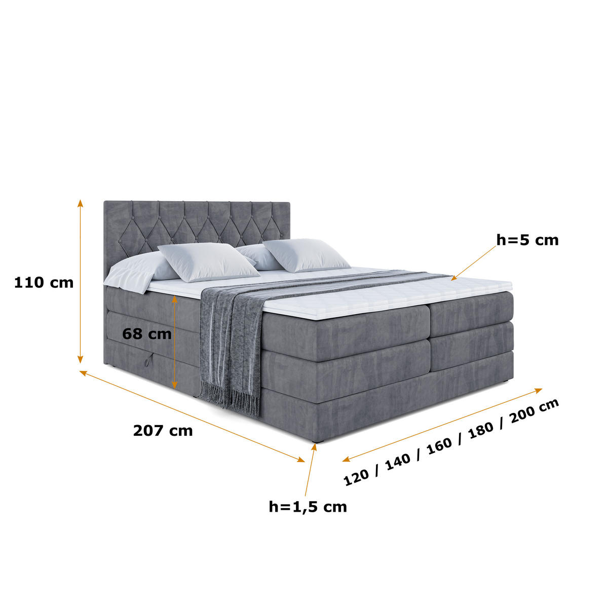 BOXSPRINGBETT VELANTO-BZ KING - 120 x 200 - H3/H4 - Dunkelgrau - Dunkelgrau, Holzwerkstoff (120/200cm) - ALTDECOR