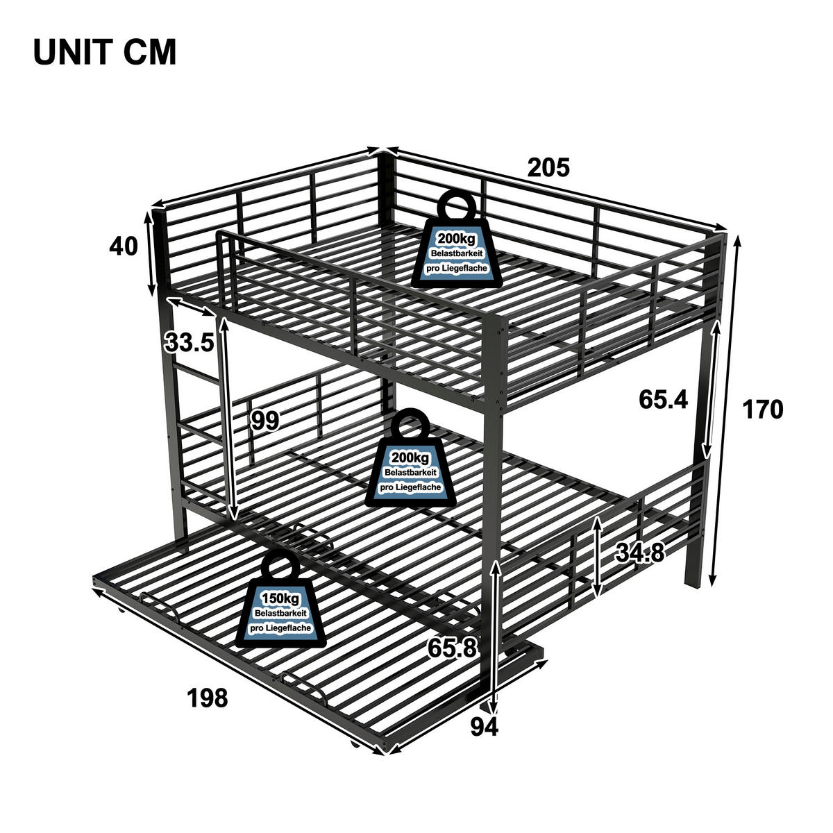 ETAGENBETT 140/200 cm DE-33080 mit Ausziehbett und Rausfallschutz Schwarz - Schwarz, Metall (140/200cm) - ComfortXL