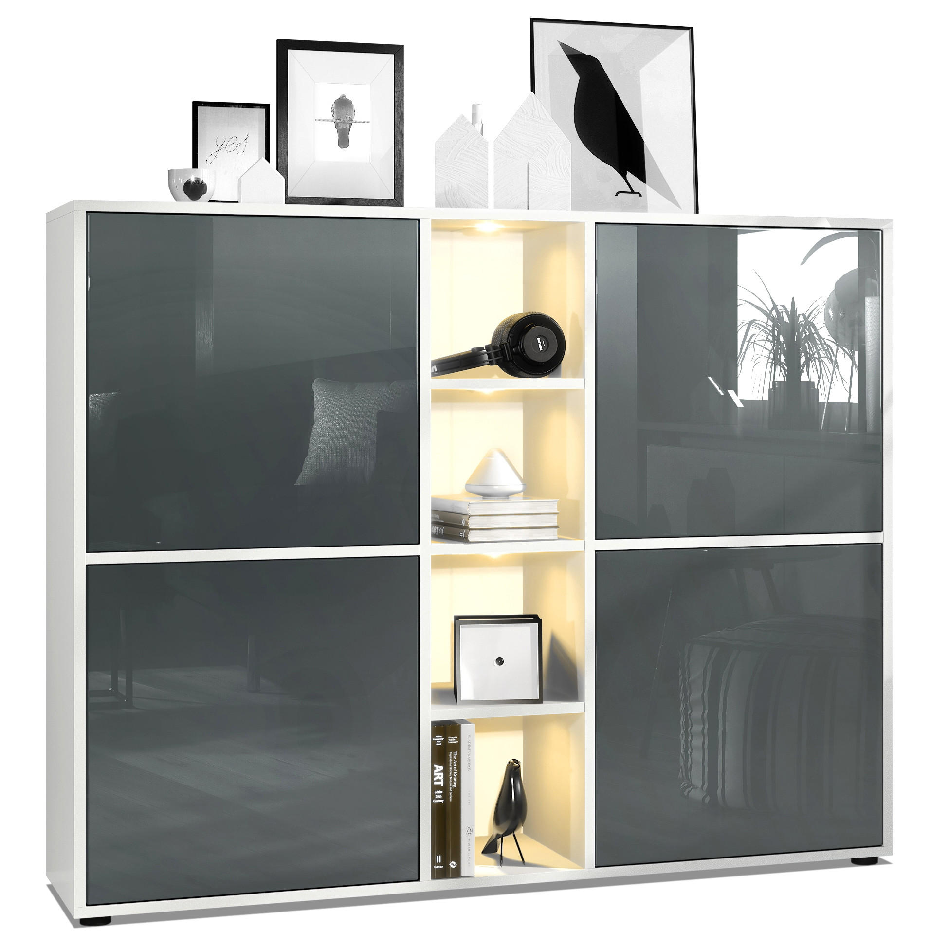 HIGHBOARD Cuba Türen in Grau Hochglanz - Grau, Holzwerkstoff (130.5/105.5/35.5cm) - Vladon