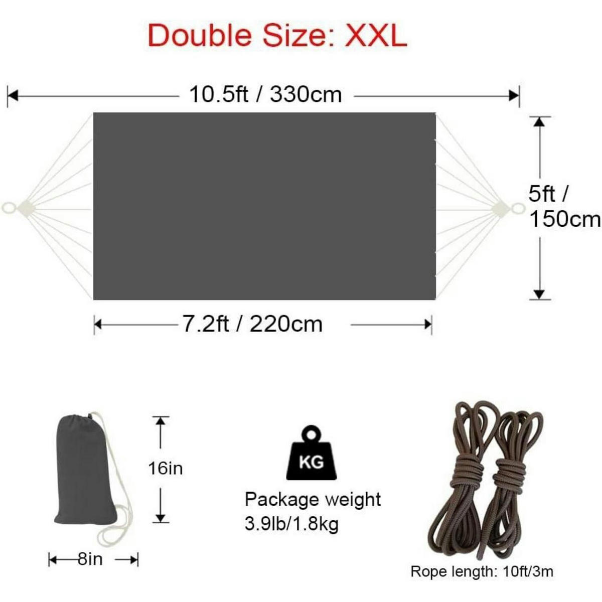 HÄNGEMATTE 2 Personen 220 x 150 cm Dunkelgrau - Grau, Textil (150/2.5/330cm)