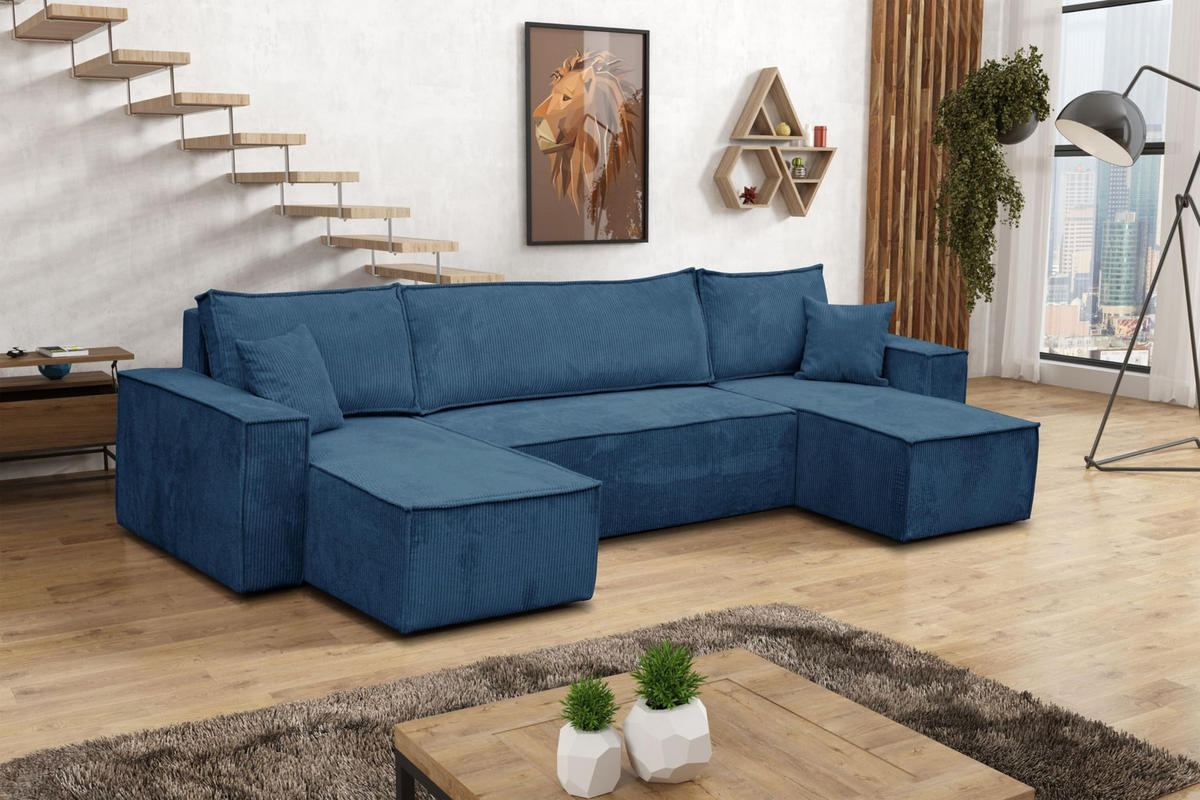 WOHNLANDSCHAFT Hugo U-Form Cordstoff mit Schlaffunktion und Bettkasten - Dunkelblau, Textil (312/83/142cm) - VENASI MÖBEL