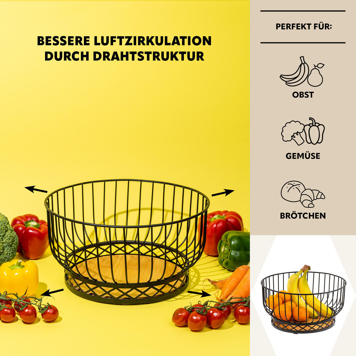 OBSTKORB mit Serviettenhalter, Bambus, Metall, schwarz - Schwarz, Metall (29/15cm) - bremermann