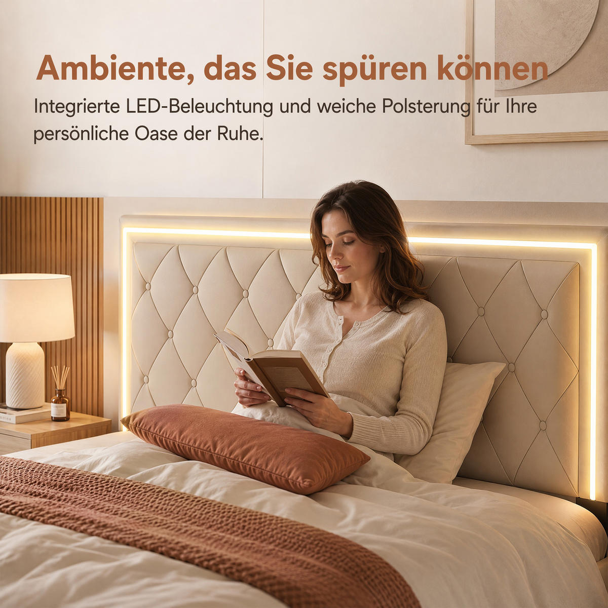 POLSTERBETT 140x200 mit RGB-LED, doppelbett mit 4 Schublade, Stauraum und Lattenrost, jugendbett 140x200 cm, PU, Ecru - Ecru, Leder/Holz (140/200cm) - GENKI LIVING