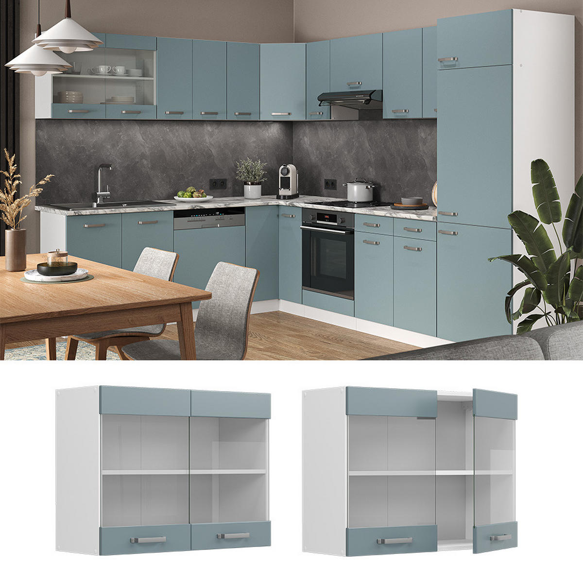 KÜCHENGLASSCHRANK R-Line Blau-Grau 80 cm - Blaugrau/Weiß, Holzwerkstoff (80/60/31cm) - Vicco