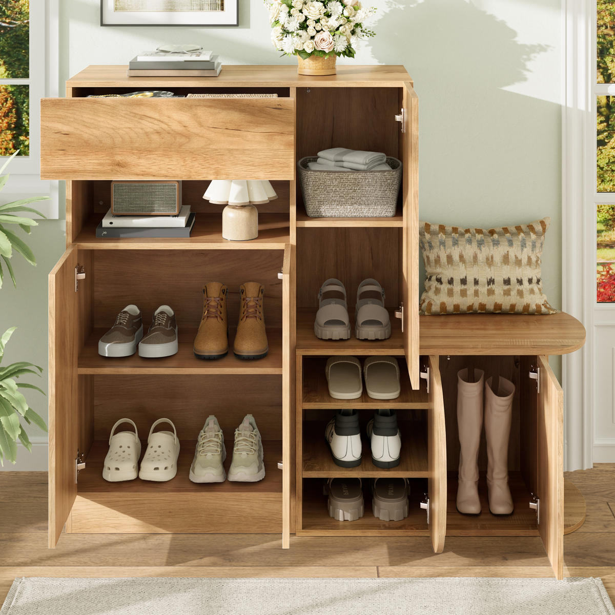 SCHUHSCHRANK mit Sitzbank 5 Türen Stauraum Natur Modern - Naturfarben, Holzwerkstoff (130/110.5/35cm) - FLIEKS