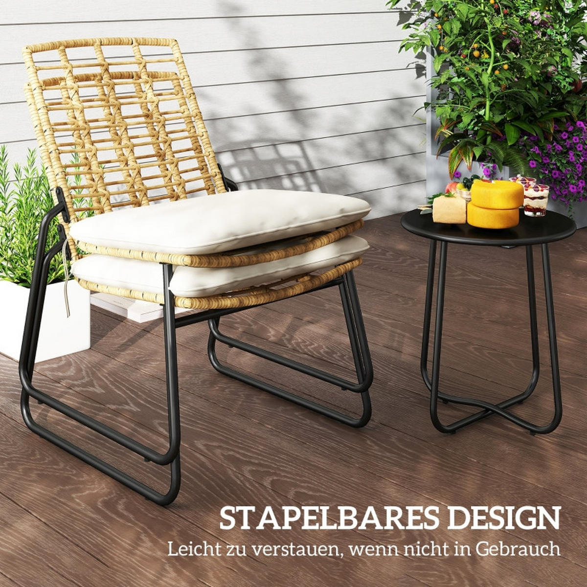 BALKONSET 3-teilig,40×40×46cm Polyrattan mit Kissen und Tisch - Beige, Naturmaterialien - Modfu