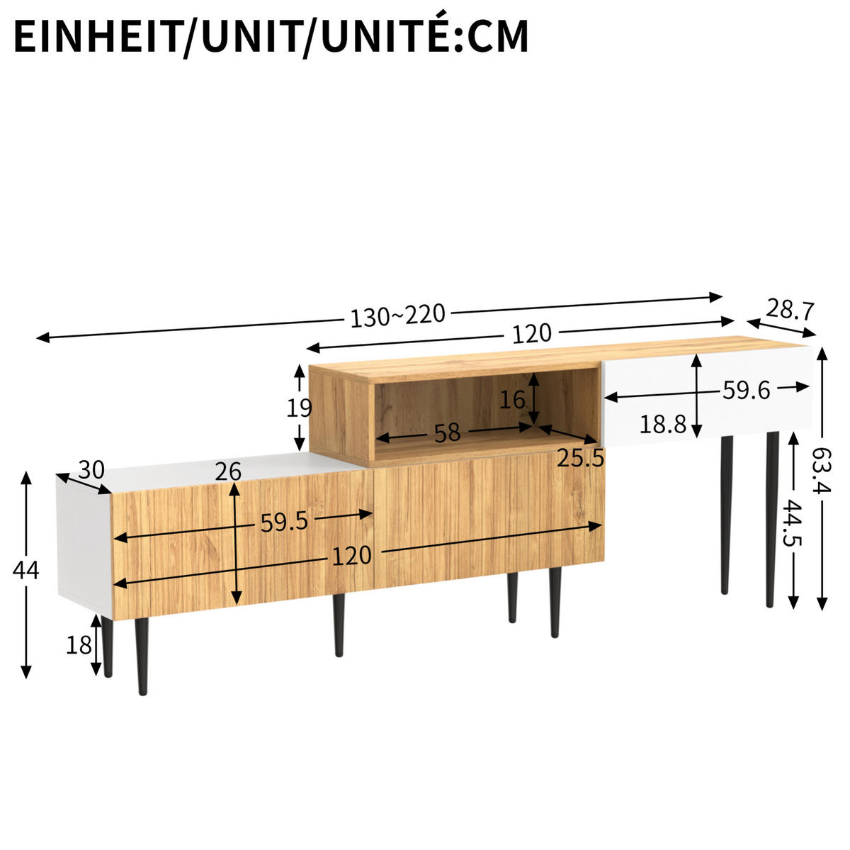LOWBOARD 120-240/30/63,5 cm aus MDF und Spanplatte mit modularem Design Weiß/Holzfarben - Naturfarben, Holzwerkstoff (220/63.5/30cm) - Modenvie