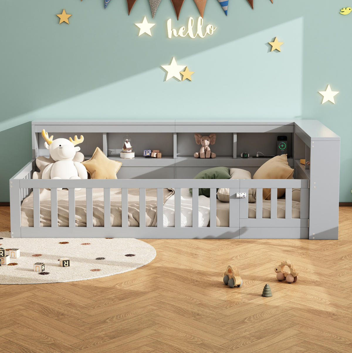 KINDERBETT Tagesbett 90/200 cm aus Holzwerkstoff mit USB-Anschluss und Stauraum Grau - Grau, Holzwerkstoff (90/200cm) - Modenvie