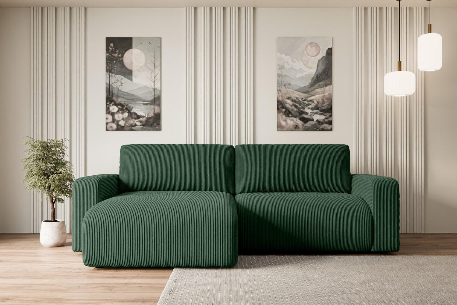 ECKSOFA mit Schlaffunktion und Bettkasten KLEEA-L - 247x143x83 cm Grün Cord - Schwarz/Grün, Holzwerkstoff/Kunststoff (247/143cm) - ALTDECOR