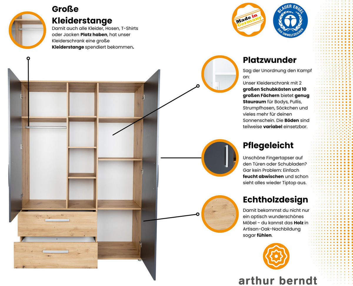 KLEIDERSCHRANK Alessio 2. türig - Anthrazit/Silberfarben, Holzwerkstoff/Kunststoff (130/188/51cm) - arthur berndt