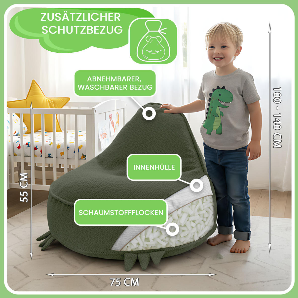SITZSACK FÜR KINDER Dino 75/75/55 cm, weicher Bouclé 315 g/m², abnehmbarer Bezug, Forest Whisper - Dunkelgrün, Textil (75/55/75cm) - Dreamroots
