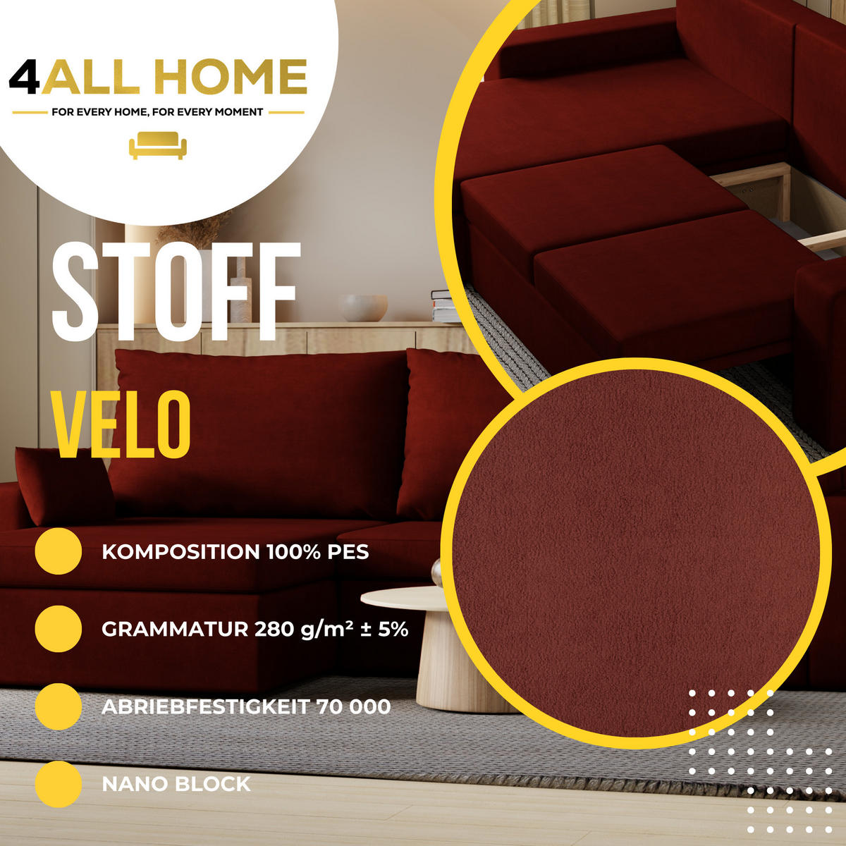 ECKSOFA Paco mit Bettkasten und Schlaffunktion, L-Form/XL-Form, Velourstoff, Universal - Weinrot, Holzwerkstoff (276/145cm) - 4ALL HOME
