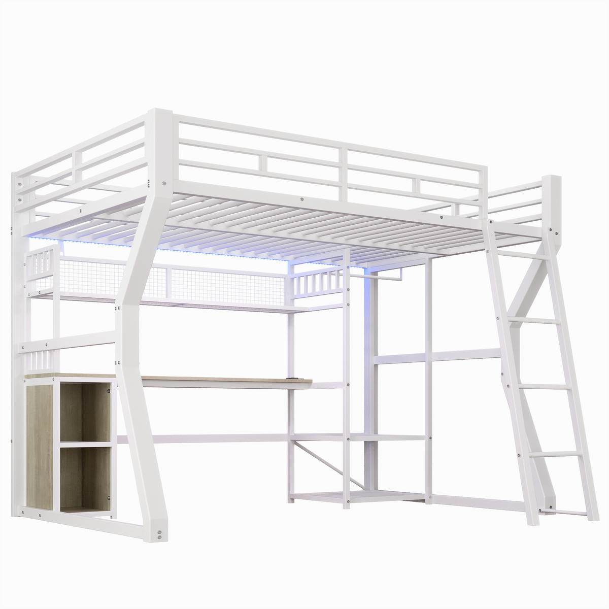 HOCHBETT 140/200 cm in Weiß mit Lichtleiste, Steckdose, Schreibtisch und Staufächern - Weiß, Holzwerkstoff/Metall (140/200cm) - WISHDOR