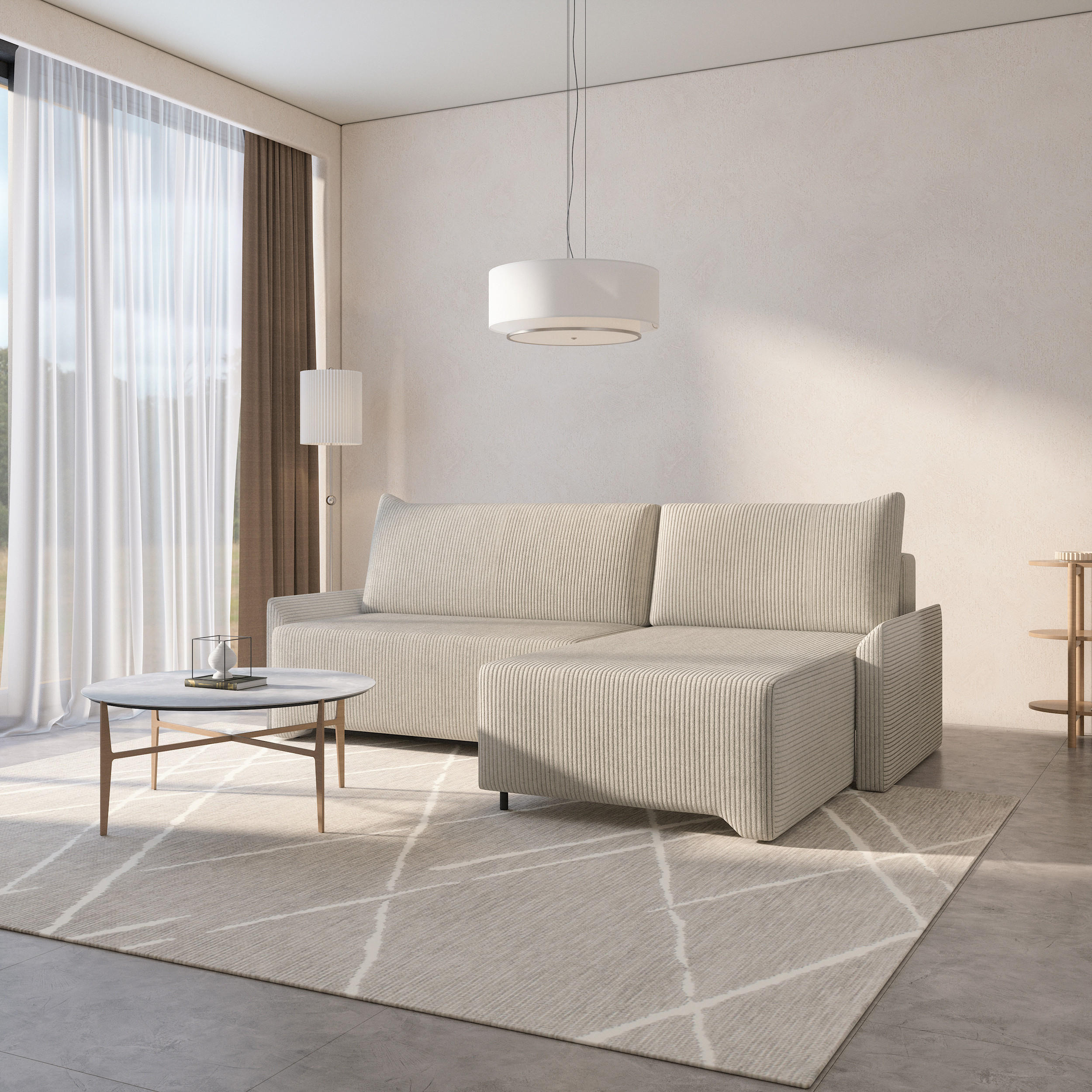 ECKSCHLAFSOFA - Rocky - Rechts, Creme (Poso 100) - Creme/Schwarz, Holzwerkstoff/Metall (245/174cm) - Möblo