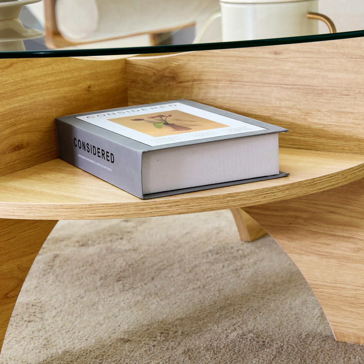 COUCHTISCH in Naturfarbe Moderner runder Beistelltisch für Esszimmer und Wohnzimmer, Ø80/H36 cm - Transparent/Naturfarben, Glas/Holzwerkstoff (80/80/36cm) - STILVORA