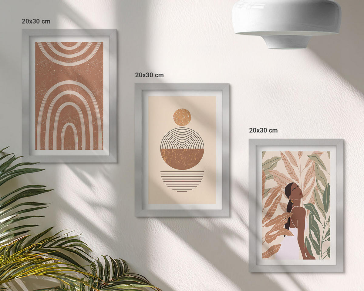 BILDER SET 3er Set - 20x30 cm Silberner Rahmen - Stilvolle Pflanzenmuster und Geometrie - Silberfarben, Kunststoff (20/30cm) - TULUP