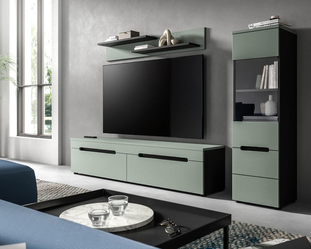 WOHNWAND Salbei grün, grau, Kombination 3-teilig 220 cm hängend oder stehend, Soft-Close - Salbeigrün/Schwarz, Glas/Holzwerkstoff (221/141/33cm) - Inn.Furn