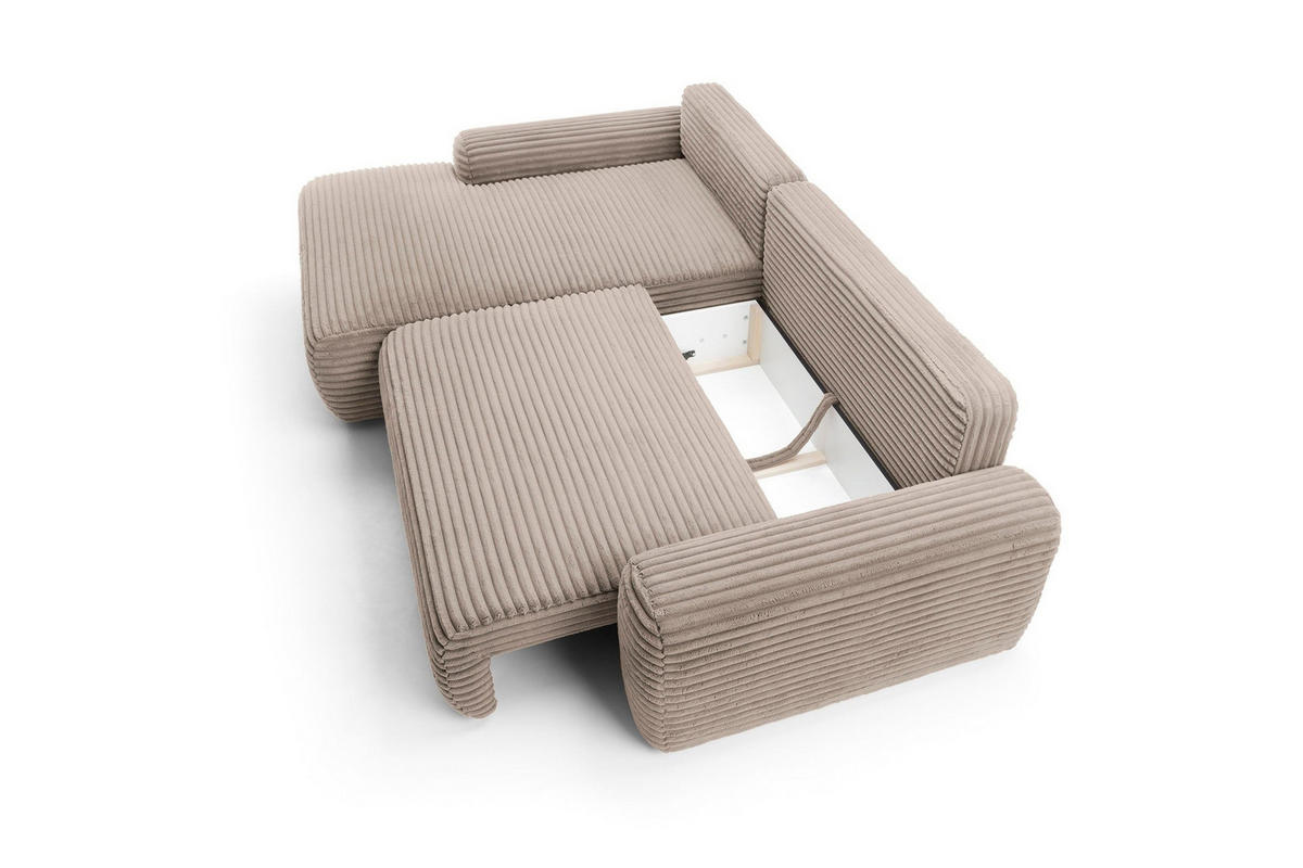 ECKSOFA OSSO Beige Velours-Stoff mit Schlaffunktion - Beige, Holz (264/162cm) - MASSENO