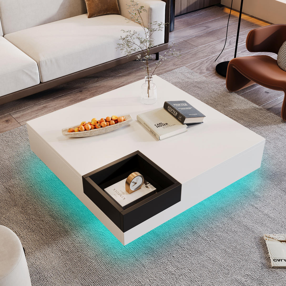 COUCHTISCH aus Spanplatte 72x72x30 cm Schwarz-Weiß mit LED-Beleuchtung und abnehmbarer Aufbewahrungsbox - Weiß, Holzwerkstoff (72/72/30cm) - IVMEU
