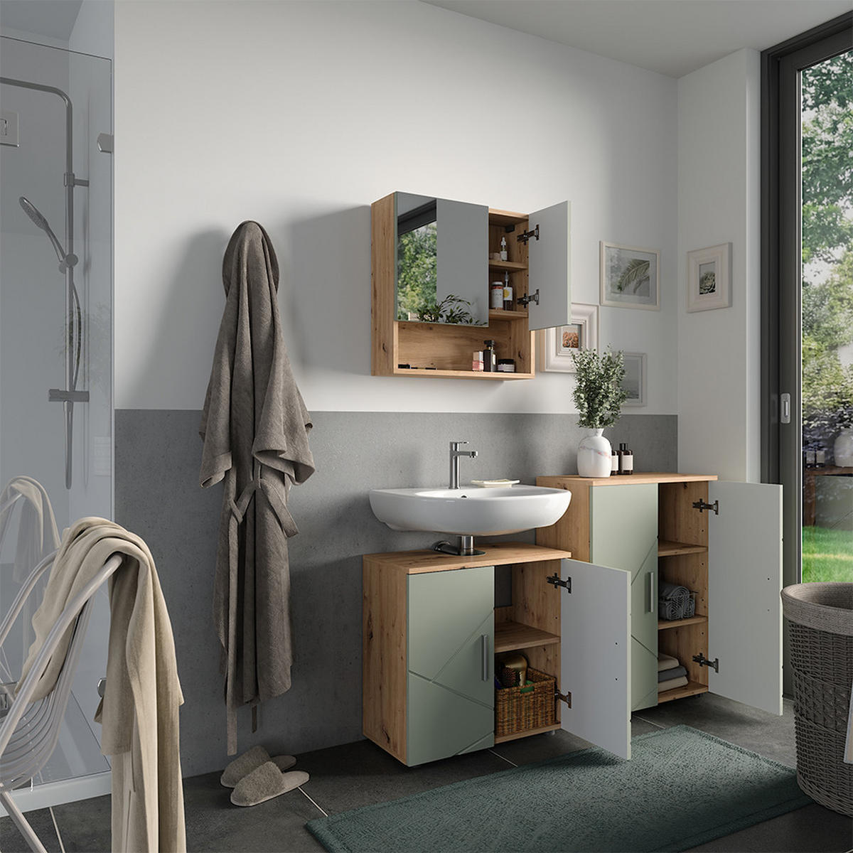 BADMÖBEL-SET Irma Salbeigrün 3 Teile - Salbeigrün, Holzwerkstoff (60/59/30cm) - Vicco