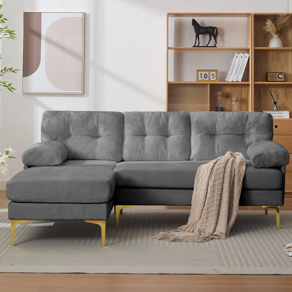 ECKSOFA 187.5/130/79 cm Grau mit 3 Sitzkissen und Stuhlbeine aus Metall - Grau, Textil (130/79/187.5cm) - Oxeza