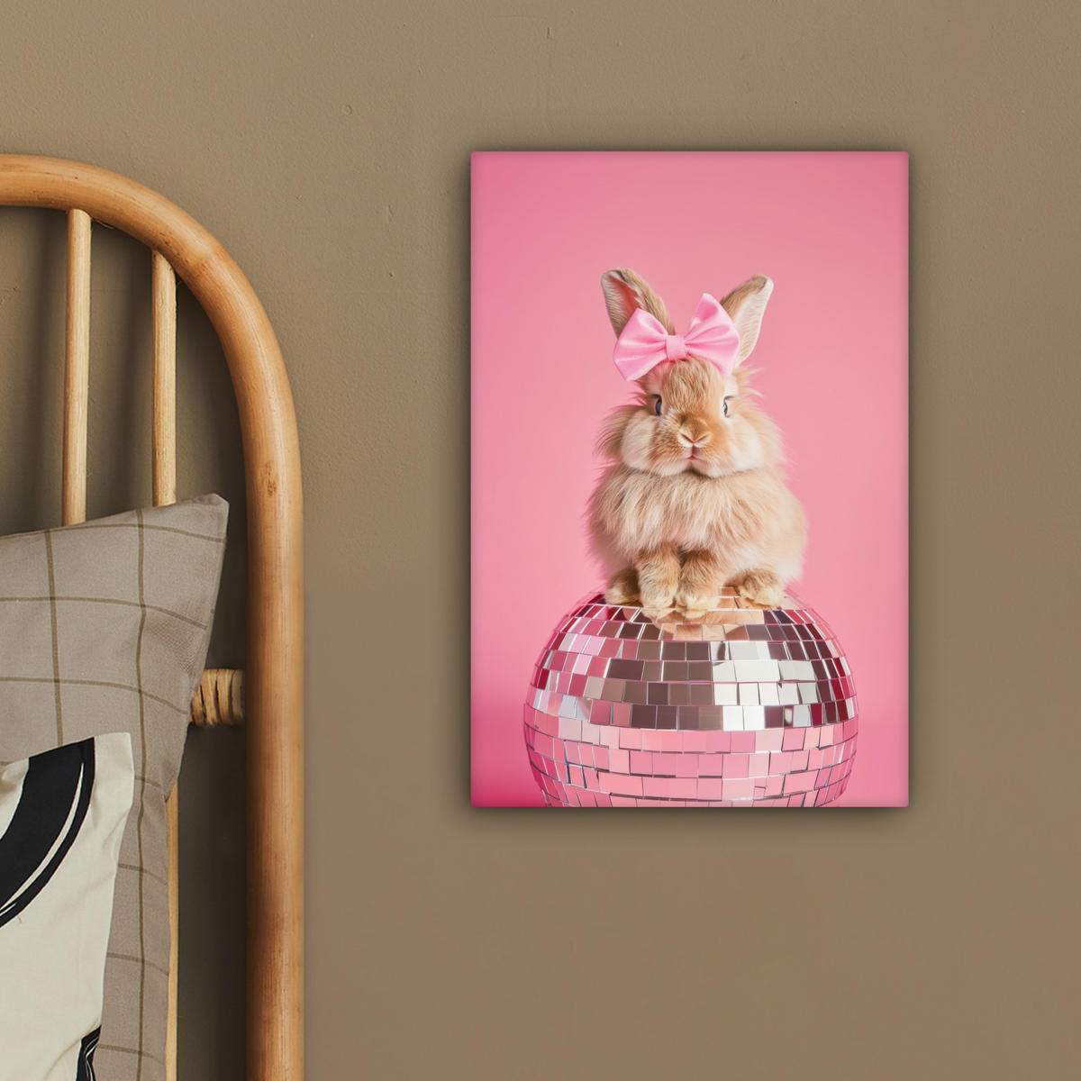 LEINWANDBILD Schleife - Discoball - Kaninchen Deko Wohnzimmer 20x30 cm - Pink, Textil (20/30cm) - MuchoWow