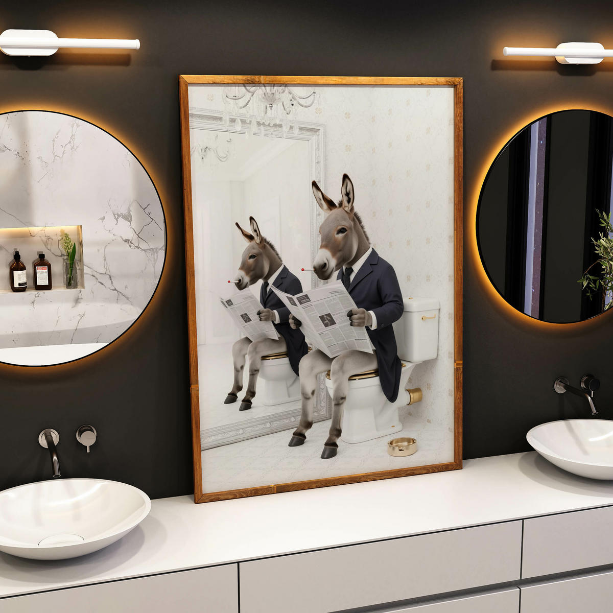 POSTER für Badezimmer WC ESEL im Anzug auf Toilette mit Zeitung Abstraktion 30x40cm - Beige/Schwarz, Papier (30/40/40cm) - Muralo