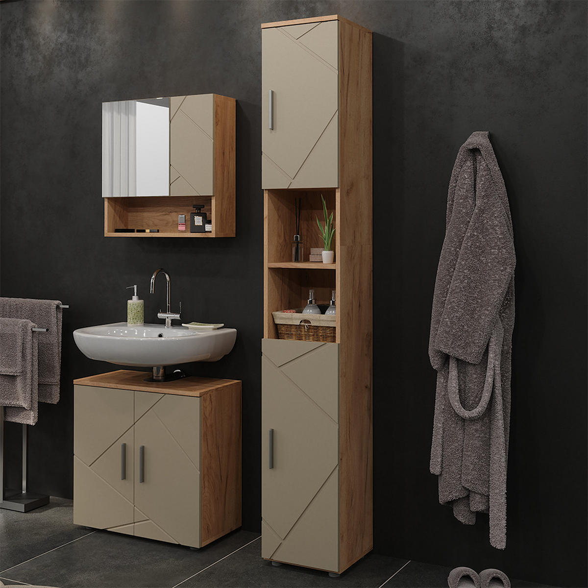 BADSCHRANK Irma Goldkraft Eiche 30 x 192 cm - Honigeiche/Beige, Holzwerkstoff (30/192/30cm) - Vicco