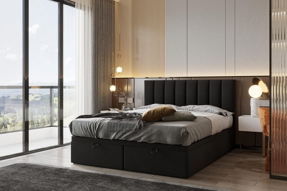 BOXSPRINGBETT BOND - Bett mit Matratze und Bettkasten - mit gestepptes Kopfteil - Schwarz - 140x200 cm - Schwarz, Textil (140/200cm) - Trada