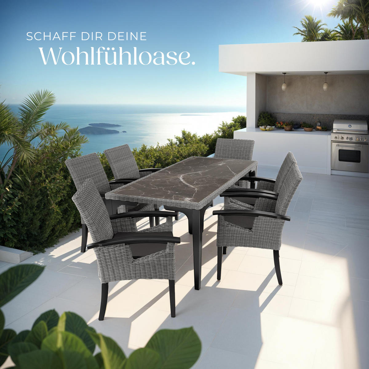 GARTENTISCH FOGGIA MIT 6 STüHLEN ROSARNO ,Armlehnen und Beine aus Holz,grau - Grau, Kunststoff - tectake