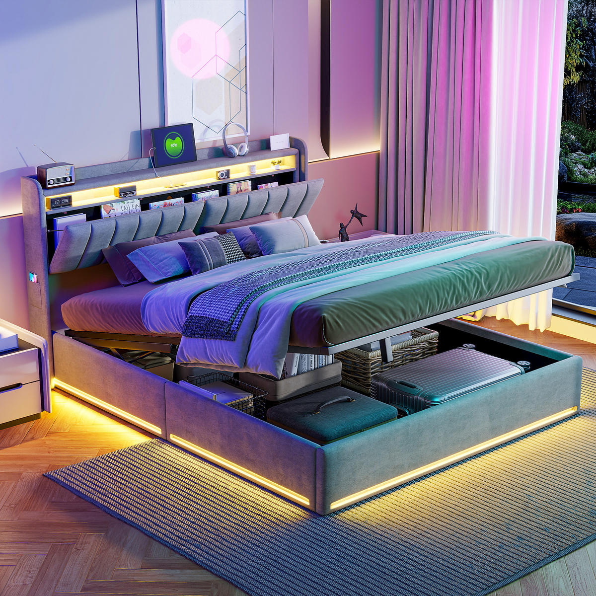 DOPPELBETT 160x200 cm mit Stauraum, LED & USB, gepolstert, Velours, grau - Grau, Metall (160/200cm)