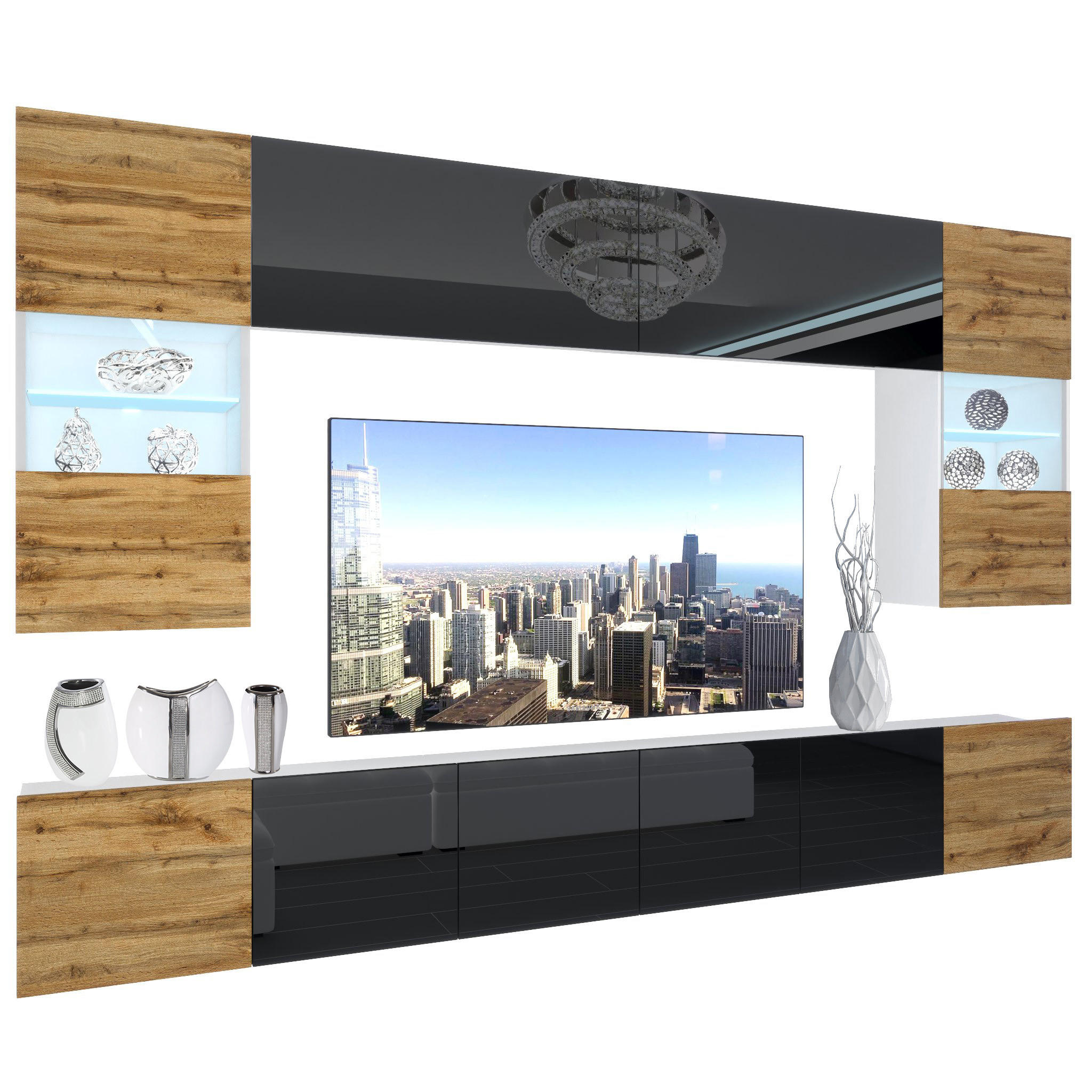 WOHNZIMMERWAND Schrankwand mit LED Wotan Eiche / Schwarz - Eichefarben/Schwarz, Holz (300/180/36cm) - B BELINI GROUP
