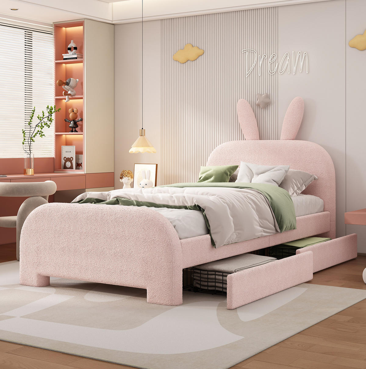 KINDERBETT 90/200 cm aus Plüsch und MDF mit Kaninchen-Kopfteil und 2 Schubladen Rosa - Rosa, Textil (90/200cm) - Modenvie
