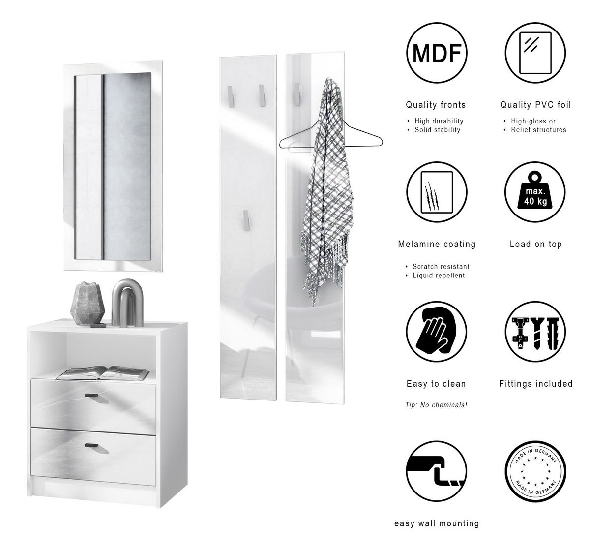 GARDEROBE Pino Weiß matt - Weiß, Holzwerkstoff (130/185/36cm) - Vladon