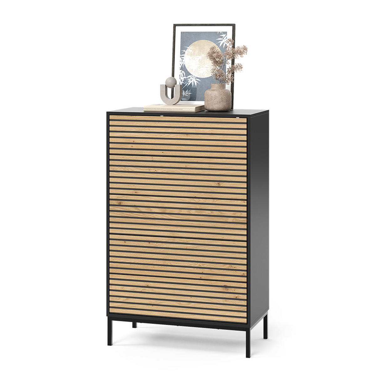 KOMMODE Eliza Schwarz/Eiche 76 x 120 cm mit 5 Schubladen - Honigeiche/Anthrazit, Holzwerkstoff (76/120/40cm) - Vicco