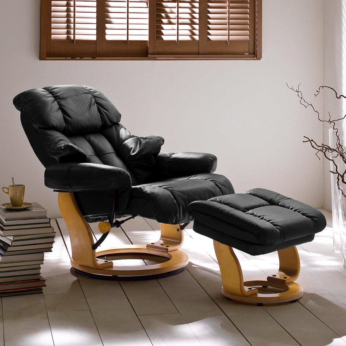 RELAXSESSEL - 2-teilig - Holzwerkstoff / Echtleder / Kunstleder - Schwarz, Leder/Birkenholz (90/104/91cm) - home24