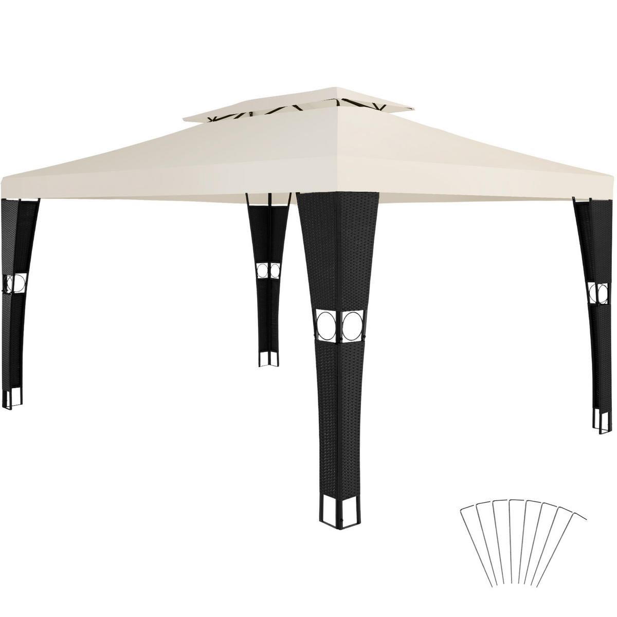 RATTAN GARTENPAVILLON Mona,inklusive Heringen,schwarz/creme - Creme/Schwarz, Kunststoff (300/265/400cm) - tectake