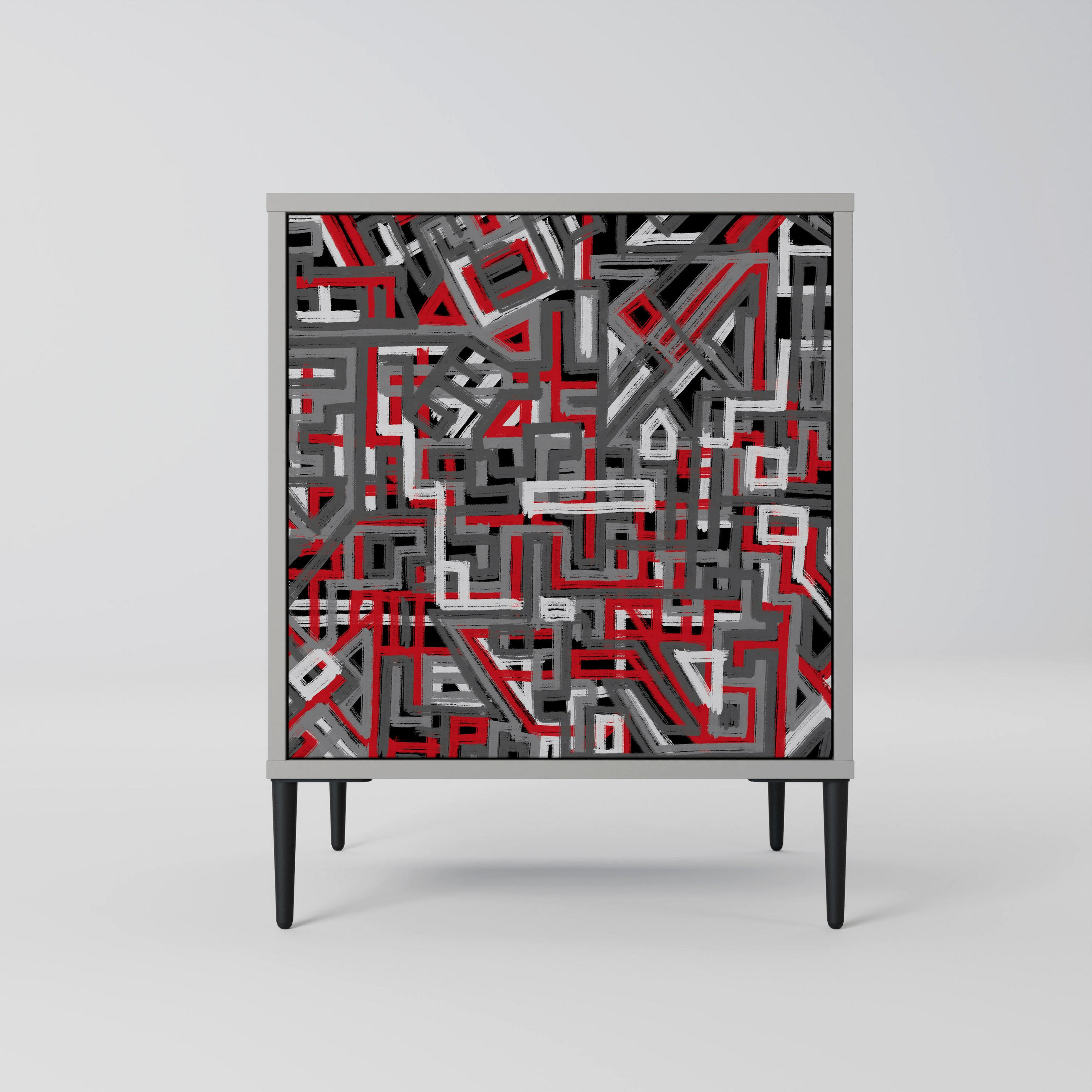 SIDEBOARD BROKEN LINES, Grau, 57,5x42x72,5 cm, Schwarze Metallfüße - Multicolor/Schwarz, Holzwerkstoff/Metall (57.5/72.5/42cm) - SpaceRebels